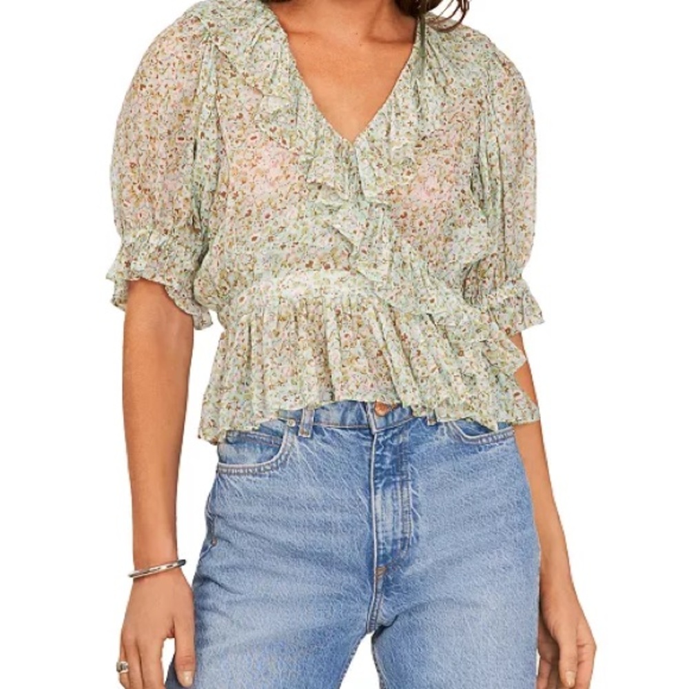 1.STATE Green Floral Ruffle Wrap Blouse Romantic Boho Feminine Medium